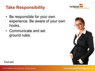 © 2015 NetSpeed Learning Solutions. All rights reserved. 54
Take Responsibility
• Be responsible for your own
experience. Be aware of your own
hooks.
• Communicate and set
ground rules.
Example
 