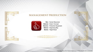 MANAGEMENT PRODUCTION
Man :
Material :
Machine :
Method :
Market :
Human Resources
Script / Concept
Production Equipment
Organizing Way
Target Visual
Copyrights © Mojo Home Studio All rights reserved | 2016 | PLEASE YOU CAN SHARE
 