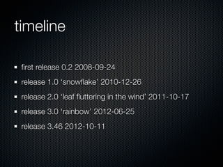 timeline

 ﬁrst release 0.2 2008-09-24
 release 1.0 ‘snowﬂake’ 2010-12-26
 release 2.0 ‘leaf ﬂuttering in the wind’ 2011-10-17
 release 3.0 ‘rainbow’ 2012-06-25
 release 3.46 2012-10-11
 