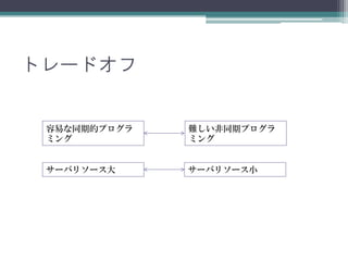 トレードオフ
容易な同期的プログラ
ミング
難しい非同期プログラ
ミング
サーバリソース大 サーバリソース小
 