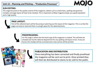 Unit 13 – Planning and Pitching – “Production Processes”
PAGE LAYOUT:
Part of the editorial team will be focussing on planning out the layout of the magazine. This is so that the
pages are easy to read and there is enough space for the advertisements.
PROOFREADING:
For this stage is where the first hard copy of the magazine is created. This will then be
checked over by the editorial department for any spelling and layout errors. If any are
found, this mistake will be corrected and a new version will be printed.
SUB-EDITING:
This stage focussed on the quality control of the magazine, details such as article facts, spelling and grammar
mistakes and page layout all have to be checked. This is important so Mojo magazine keeps up a good reputation
and is high quality.
PUBLICATION AND DISTRIBUTION:
Once everything has been corrected and finally proofread
the magazine will be sent out to print. Once printed they
will then be distributed to stores to be sold to the public.
 