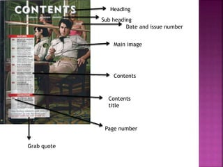 Heading 
Sub heading 
Date and issue number 
Main image 
Contents 
Contents 
title 
Page number 
Grab quote 
 