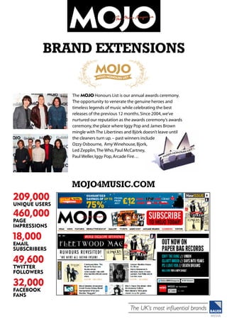 The UK’s most influential brands
brand extensions
209,000
unique users
460,000
page
impressions
18,000
email
subscribers
49,600
twitter
followers
32,000
facebook
fans
The MOJO Honours List is our annual awards ceremony.
The opportunity to venerate the genuine heroes and
timeless legends of music while celebrating the best
releases of the previous 12 months.Since 2004,we’ve
nurtured our reputation as the awards ceremony’s awards
ceremony,the place where Iggy Pop and James Brown
mingle with The Libertines and Björk doesn’t leave until
the cleaners turn up.– past winners include
Ozzy Osbourne, Amy Winehouse,Bjork,
Led Zepplin,The Who,Paul McCartney,
Paul Weller,Iggy Pop,Arcade Fire…
MOJO4music.com
 
