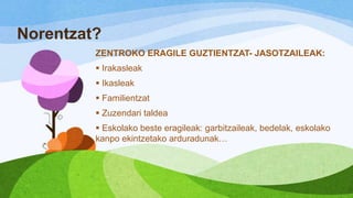 Norentzat?
ZENTROKO ERAGILE GUZTIENTZAT- JASOTZAILEAK:

 Irakasleak
 Ikasleak
 Familientzat

 Zuzendari taldea
 Eskolako beste eragileak: garbitzaileak, bedelak, eskolako
kanpo ekintzetako arduradunak…

 