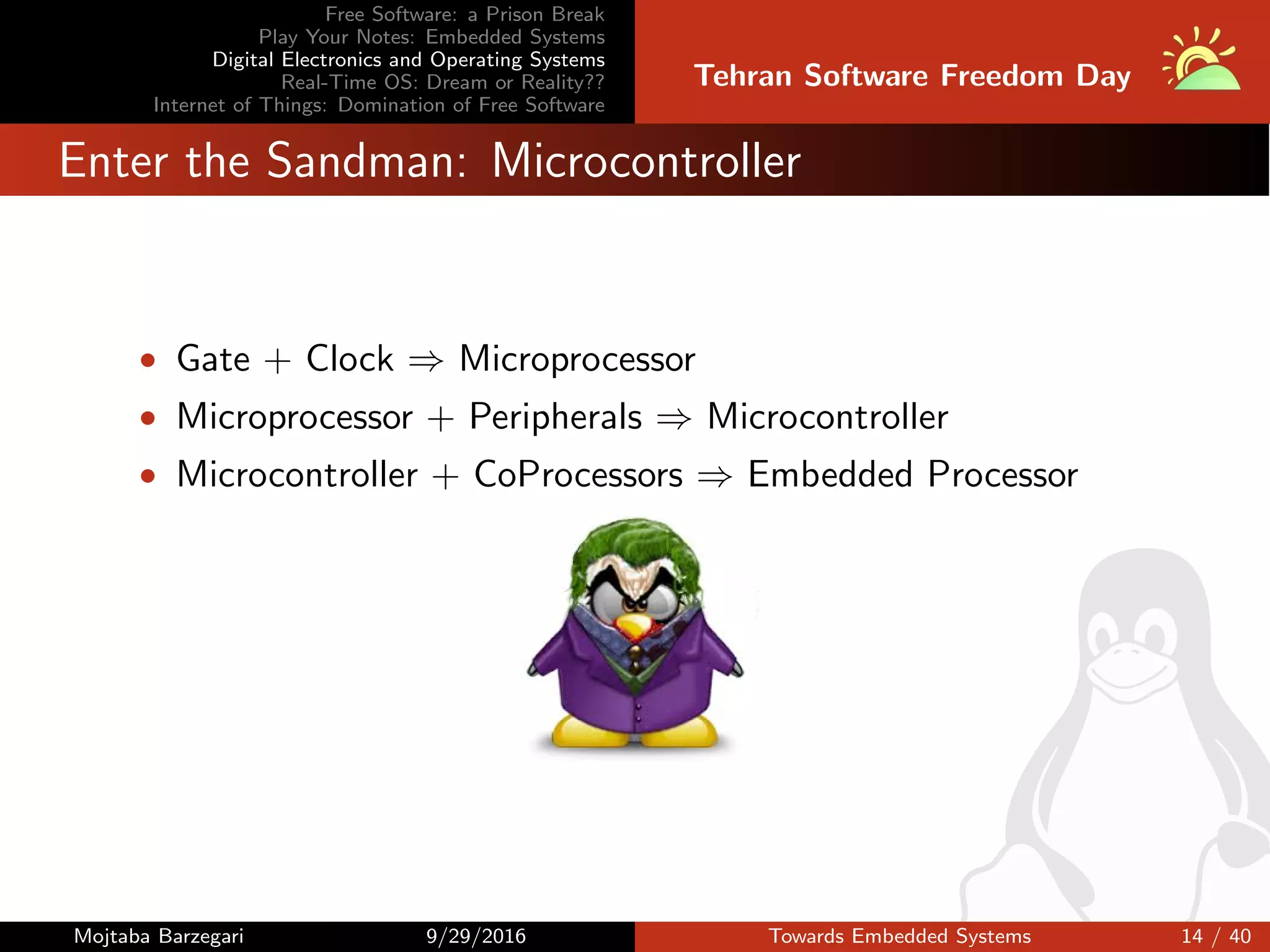 Free Software: a Prison Break
Play Your Notes: Embedded Systems
Digital Electronics and Operating Systems
Real-Time OS: Dream or Reality??
Internet of Things: Domination of Free Software
Tehran Software Freedom Day
Enter the Sandman: Microcontroller
• Gate + Clock ⇒ Microprocessor
• Microprocessor + Peripherals ⇒ Microcontroller
• Microcontroller + CoProcessors ⇒ Embedded Processor
Mojtaba Barzegari 9/29/2016 Towards Embedded Systems 14 / 40
 