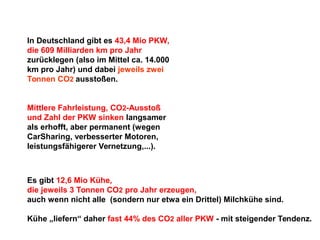 In Deutschland gibt es 43,4 Mio PKW,
die 609 Milliarden km pro Jahr
zurücklegen (also im Mittel ca. 14.000
km pro Jahr) und dabei jeweils zwei
Tonnen CO2 ausstoßen.
Mittlere Fahrleistung, CO2-Ausstoß
und Zahl der PKW sinken langsamer
als erhofft, aber permanent (wegen
CarSharing, verbesserter Motoren,
leistungsfähigerer Vernetzung,...).

Es gibt 12,6 Mio Kühe,
die jeweils 3 Tonnen CO2 pro Jahr erzeugen,
auch wenn nicht alle (sondern nur etwa ein Drittel) Milchkühe sind.
Kühe „liefern“ daher fast 44% des CO2 aller PKW - mit steigender Tendenz.

 