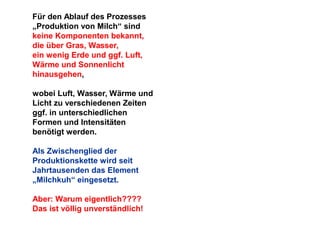 Für den Ablauf des Prozesses
„Produktion von Milch“ sind
keine Komponenten bekannt,
die über Gras, Wasser,
ein wenig Erde und ggf. Luft,
Wärme und Sonnenlicht
hinausgehen,
wobei Luft, Wasser, Wärme und
Licht zu verschiedenen Zeiten
ggf. in unterschiedlichen
Formen und Intensitäten
benötigt werden.
Als Zwischenglied der
Produktionskette wird seit
Jahrtausenden das Element
„Milchkuh“ eingesetzt.
Aber: Warum eigentlich????
Das ist völlig unverständlich!

 