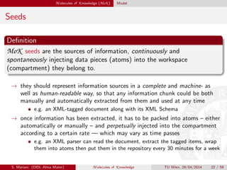 M olecules of K nowledge (MoK ) Model
Seeds
Deﬁnition
MoK seeds are the sources of information, continuously and
spontaneously injecting data pieces (atoms) into the workspace
(compartment) they belong to.
→ they should represent information sources in a complete and machine- as
well as human-readable way, so that any information chunk could be both
manually and automatically extracted from them and used at any time
e.g. an XML-tagged document along with its XML Schema
→ once information has been extracted, it has to be packed into atoms – either
automatically or manually – and perpetually injected into the compartment
according to a certain rate — which may vary as time passes
e.g. an XML parser can read the document, extract the tagged items, wrap
them into atoms then put them in the repository every 30 minutes for a week
S. Mariani (DISI, Alma Mater) M olecules of K nowledge TU Wien, 29/04/2014 22 / 59
 