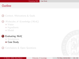 Evaluating MoK Case Study
Outline
1 Context, Motivations & Goals
2 M olecules of K nowledge (MoK )
Vision
Ingredients
Model
3 Evaluating MoK
Simulations
Case Study
4 Conclusions & Open Questions
S. Mariani (DISI, Alma Mater) M olecules of K nowledge TU Wien, 29/04/2014 45 / 59
 