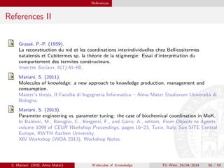 References
References II
Grass´e, P.-P. (1959).
La reconstruction du nid et les coordinations interindividuelles chez Bellicositermes
natalensis et Cubitermes sp. la th´eorie de la stigmergie: Essai d’interpr´etation du
comportement des termites constructeurs.
Insectes Sociaux, 6(1):41–80.
Mariani, S. (2011).
Molecules of knowledge: a new approach to knowledge production, management and
consumption.
Master’s thesis, II Facolt`a di Ingegneria Informatica – Alma Mater Studiorum Universit`a di
Bologna.
Mariani, S. (2013).
Parameter engineering vs. parameter tuning: the case of biochemical coordination in MoK.
In Baldoni, M., Baroglio, C., Bergenti, F., and Garro, A., editors, From Objects to Agents,
volume 1099 of CEUR Workshop Proceedings, pages 16–23, Turin, Italy. Sun SITE Central
Europe, RWTH Aachen University.
XIV Workshop (WOA 2013). Workshop Notes.
S. Mariani (DISI, Alma Mater) M olecules of K nowledge TU Wien, 29/04/2014 56 / 59
 