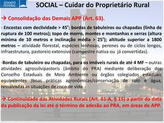SOCIAL – Cuidar do Proprietário Rural
 Consolidação das Demais APP (Art. 63).
- Encostas com declividade > 45º; bordas de tabuleiros ou chapadas (linha de
ruptura de 100 metros); topo de morro, montes e montanhas e serras (altura
mínima de 10 metros e inclinação média > 25º); altitude superior a 1800
metros – atividade florestal, espécies lenhosas, perenes ou de ciclos longos,
infraestrutura, pastoreio extensivo (campestre nativa ou já convertidas).

-Bordas de tabuleiro ou chapadas, para os imóveis rurais de até 4 MF – outras
atividades agrossilvipastoris (âmbito do PRA) mediante deliberação dos
Conselho Estaduais de Meio Ambiente ou órgãos colegiados estaduais
equivalentes (boas práticas agronômicas/conservação de solo e água,
ressalvadas as situações de risco de vida.

 Continuidade das Atividades Rurais (Art. 61-A, § 15) a partir da data
da publicação da lei até o término de adesão ao PRA, em áreas de APP.
 