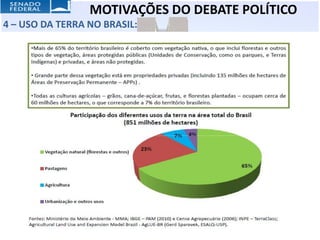 MOTIVAÇÕES DO DEBATE POLÍTICO
4 – USO DA TERRA NO BRASIL:




                                           Fonte: Rede Agro
 