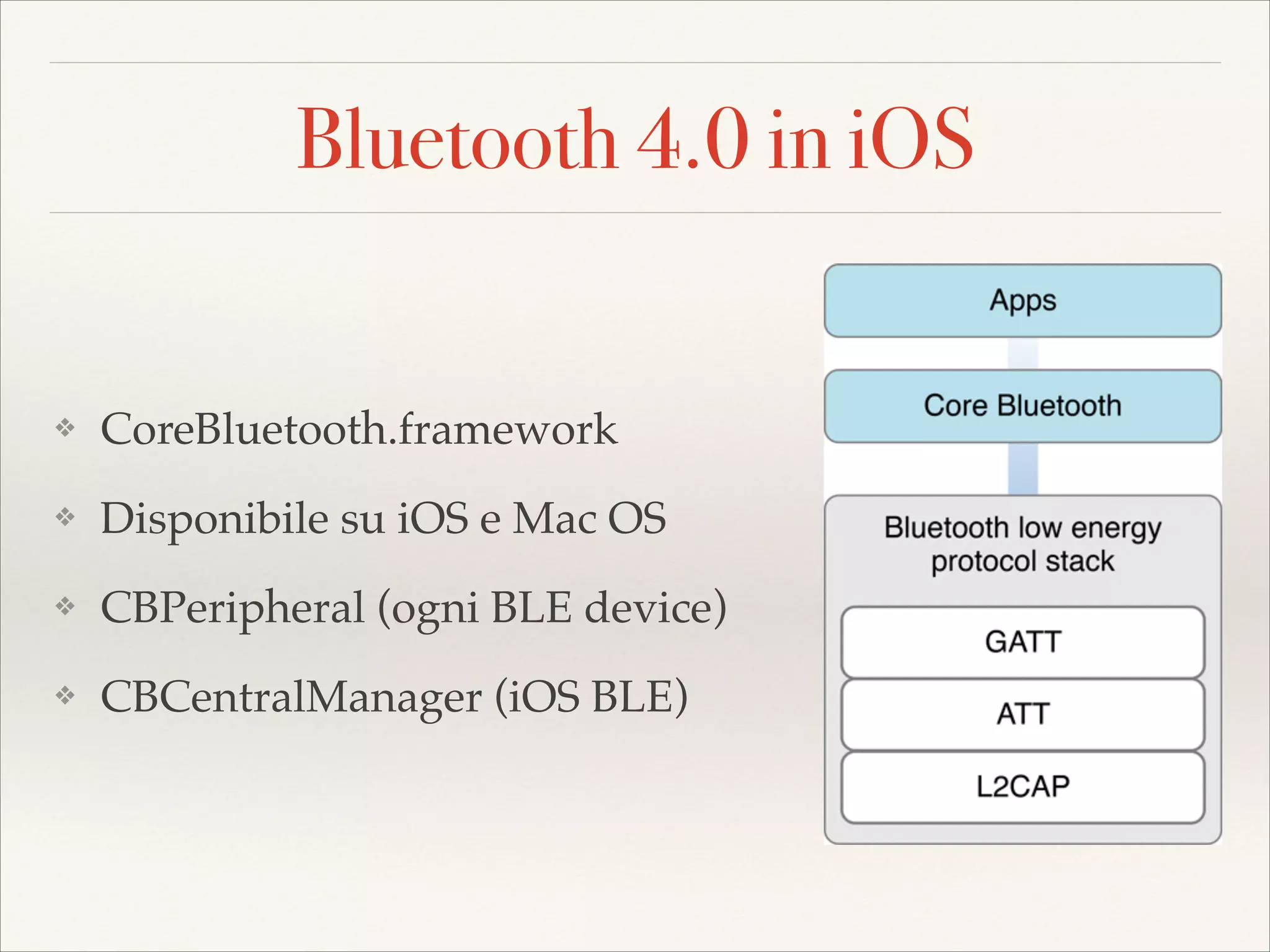 Bluetooth 4.0 in iOS

❖

CoreBluetooth.framework!

❖

Disponibile su iOS e Mac OS!

❖

CBPeripheral (ogni BLE device)!

❖

CBCentralManager (iOS BLE)

 