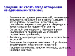    Вивчення методичних рекомендацій, нормативних
    документів, ознайомлення з новими методами й
    технологіями, психолого – педагогічними
    розробками, науково – методичною літературою з
    теорії та практики педагогічної освіти;
   Організація безперервного підвищення рівня
    кваліфікації та професійної майстерності
    педагогічних працівників;
   Апробація та впровадження сучасних педагогічних
    технологій.
   Виявлення і поширення позитивного й успішного
    досвіду роботи педагогічних колективів;
   Проведення олімпіад, творчих конкурсів, семінарів,
    конференцій тощо.
 