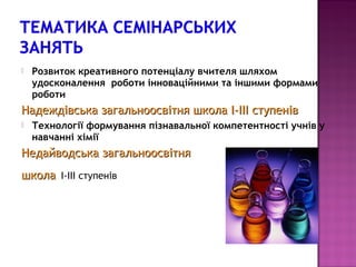    Розвиток креативного потенціалу вчителя шляхом
    удосконалення роботи інноваційними та іншими формами
    роботи
Надеждівська загальноосвітня школа І-ІІІ ступенів
   Технології формування пізнавальної компетентності учнів у
    навчанні хімії
Недайводська загальноосвітня
школа І-ІІІ ступенів
 