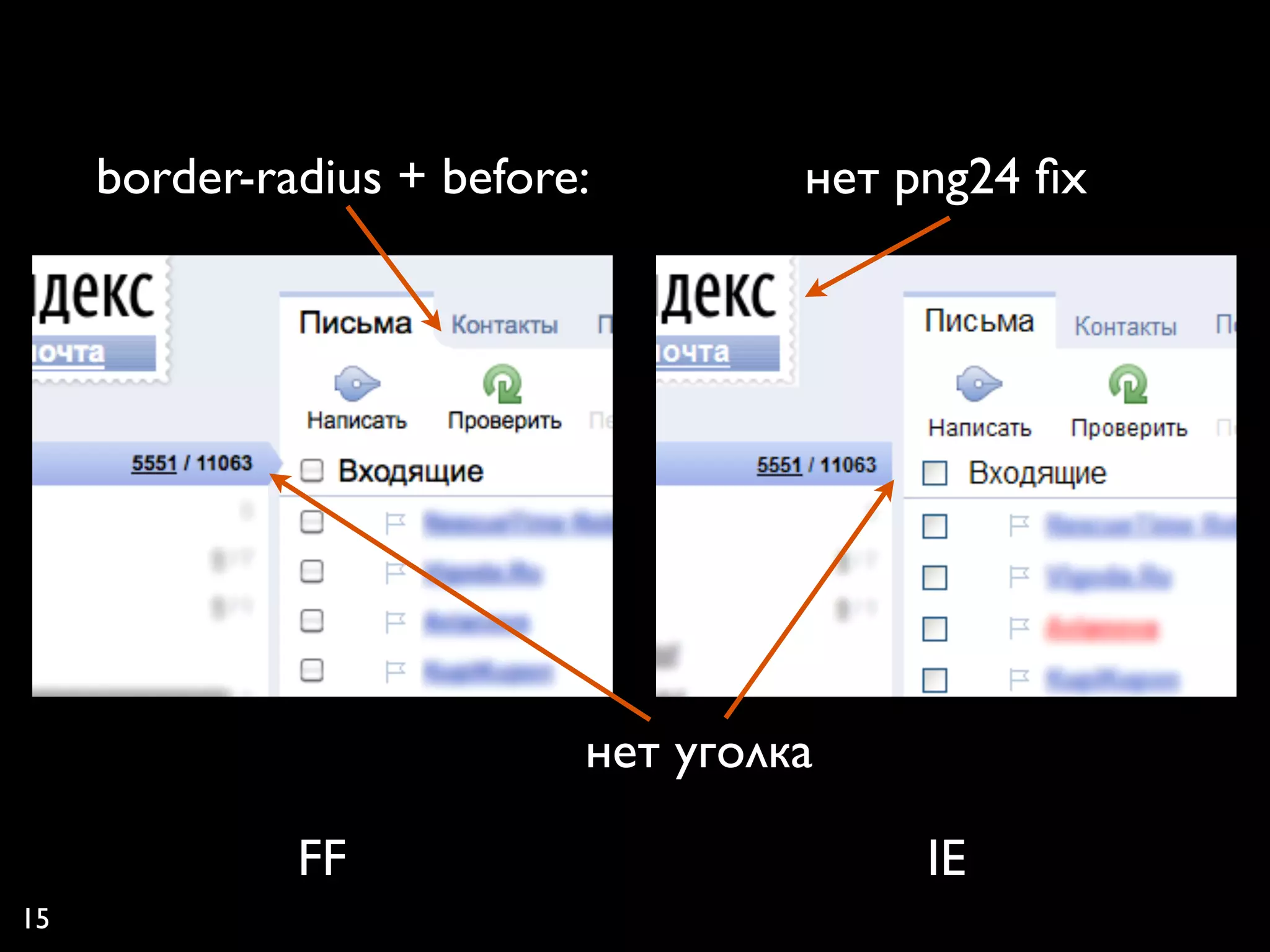 border-radius + before:        нет png24 ﬁx




                           нет уголка

              FF                         IE
15
 