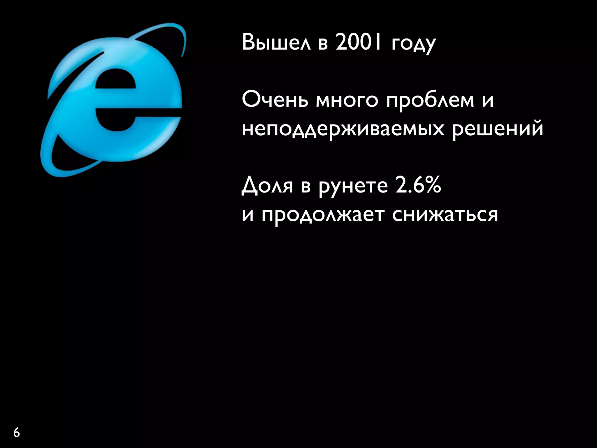 Вышел в 2001 году

    Очень много проблем и
    неподдерживаемых решений

    Доля в рунете 2.6%
    и продолжает снижаться




6
 