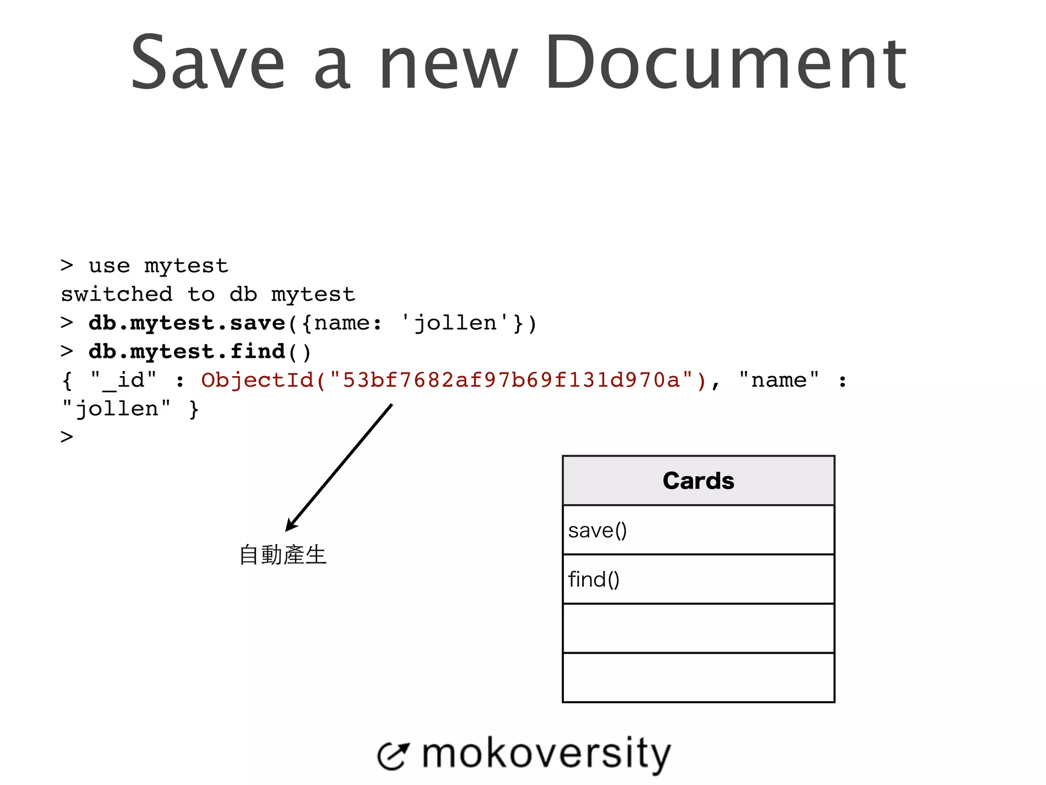 Save a new Document 
> use mytest! 
switched to db mytest! 
> db.mytest.save({name: 'jollen'})! 
> db.mytest.find()! 
{ "_id" : ObjectId("53bf7682af97b69f131d970a"), "name" : 
"jollen" }! 
> 
Cards 
save() 
find() 
⾃自動產⽣生 
 