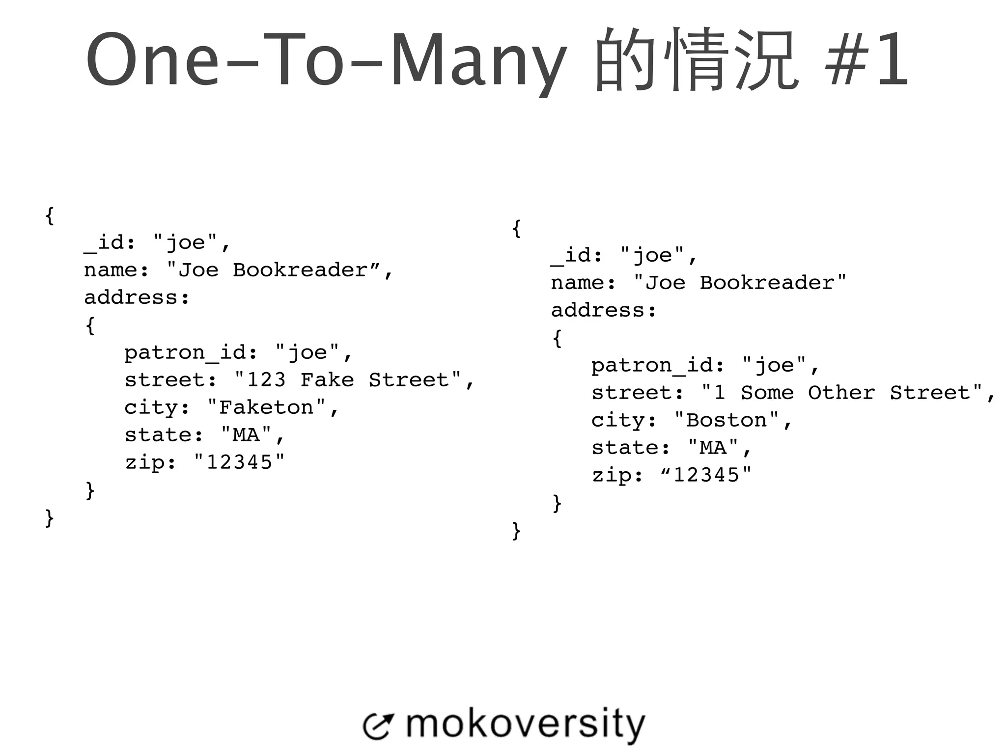 One-To-Many 的情況 #1 
{! 
_id: "joe",! 
name: "Joe Bookreader”,! 
address:! 
{! 
patron_id: "joe",! 
street: "123 Fake Street",! 
city: "Faketon",! 
state: "MA",! 
zip: "12345"! 
}! 
}! 
! 
{! 
_id: "joe",! 
name: "Joe Bookreader"! 
address:! 
{! 
patron_id: "joe",! 
street: "1 Some Other Street",! 
city: "Boston",! 
state: "MA",! 
zip: “12345"! 
}! 
} 
 