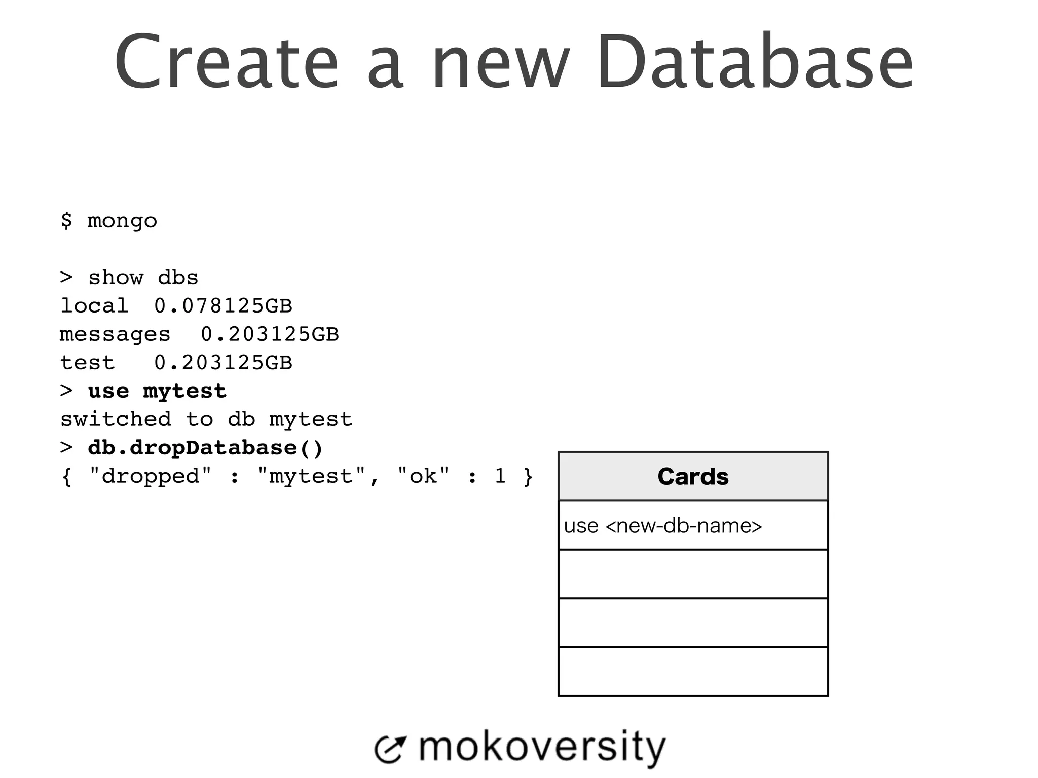 Create a new Database 
$ mongo! 
! 
> show dbs! 
local! 0.078125GB! 
messages! 0.203125GB! 
test! 0.203125GB! 
> use mytest! 
switched to db mytest! 
> db.dropDatabase()! 
{ "dropped" : "mytest", "ok" : 1 } Cards 
use <new-db-name> 
 