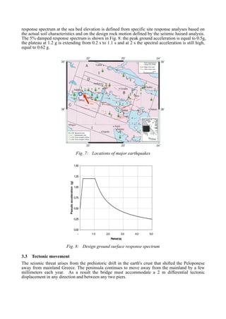 response spectrum at the sea bed elevation is defined from specific site response analyses based on
the actual soil characteristics and on the design rock motion defined by the seismic hazard analysis.
The 5% damped response spectrum is shown in Fig. 8: the peak ground acceleration is equal to 0.5g,
the plateau at 1.2 g is extending from 0.2 s to 1.1 s and at 2 s the spectral acceleration is still high,
equal to 0.62 g.
Fig. 7: Locations of major earthquakes
0.00
0.25
0.50
0.75
1.00
1.25
1.50
- 1.0 2.0 3.0 4.0 5.0
Period(s)
Pseudoacceleration(g)
Fig. 8: Design ground surface response spectrum
3.3 Tectonic movement
The seismic threat arises from the prehistoric drift in the earth's crust that shifted the Peloponese
away from mainland Greece. The peninsula continues to move away from the mainland by a few
millimeters each year. As a result the bridge must accommodate a 2 m differential tectonic
displacement in any direction and between any two piers.
 