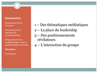 Sommaire
Présentation de la
structure
Présentation des
missions de
communication
Présentation de la
problématique et de la
méthodologie de terrain
Résultats
Conclusion
1 – Des thématiques médiatiques
2 – La place du leadership
3 – Des positionnements
révélateurs
4 – L’interaction du groupe
 