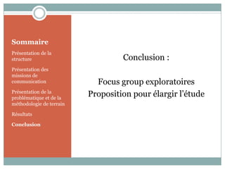 Sommaire
Présentation de la
structure
Présentation des
missions de
communication
Présentation de la
problématique et de la
méthodologie de terrain
Résultats
Conclusion
Conclusion :
Focus group exploratoires
Proposition pour élargir l’étude
 