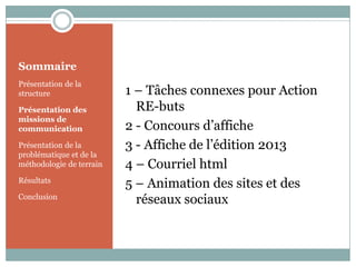 Sommaire
Présentation de la
structure
Présentation des
missions de
communication
Présentation de la
problématique et de la
méthodologie de terrain
Résultats
Conclusion
1 – Tâches connexes pour Action
RE-buts
2 - Concours d’affiche
3 - Affiche de l’édition 2013
4 – Courriel html
5 – Animation des sites et des
réseaux sociaux
 
