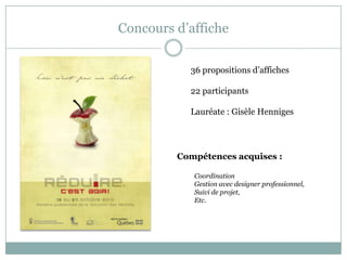 Concours d’affiche
36 propositions d’affiches
22 participants
Lauréate : Gisèle Henniges
Compétences acquises :
Coordination
Gestion avec designer professionnel,
Suivi de projet,
Etc.
 