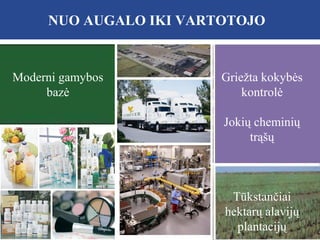 NUO AUGALO IKI VARTOTOJO
Moderni gamybos
Moderni gamybos
Moderni gamybos
bazė
bazė
bazė

Griežta kokybės
Griežta kokybės
kontrolė
kontrolė
Jokių cheminių
Jokių cheminių
trąšų

Tūkstančiai
Tūkstančiai
hektarų alavijų
plantacijų
plantacijų

 