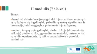 II modulis (7 ak. val)
Temos:
• bendrieji diskriminacijos pagrindai ir jų apraiškos; moterų ir
vyrų lygių teisių ir galimybių pažeidimų atvejų atpažinimas ir
prevencija, teisinės gynybos priemonės ir jų taikymas;
• moterų ir vyrų lygių galimybių darbo rinkoje (ekonominėje
veikloje) problematika, įgyvendinimo metodai, instrumentai,
sprendimo priemonės, jų taikymas praktikoje ir poveikio
vertinimas.

 