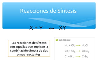 Reacciones de Síntesis
X + Y ↔ XY
Las reacciones de síntesis
son aquellas que implican la
combinación directa de dos
o mas reactantes
 