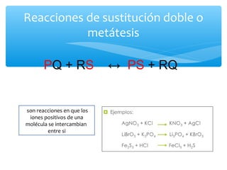 Reacciones de sustitución doble o
metátesis
PQ + RS ↔ PS + RQ
son reacciones en que los
iones positivos de una
molécula se intercambian
entre si
 