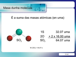 É a suma das masas atómicas (en uma) Masa dunha molecula O mol M r  (SO 2 ) = 64,07  u SO 2 1S 32.07 uma 2O + 2 x 16.00 uma  SO 2 64.07 uma 
