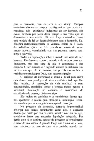 23
para a harmonia, com ou sem o seu desejo. Campos
evolutivos são como campos morfogenéticos que movem a
realidade, cuja “existência” independe do ser humano. Ele
evolui também por força desse campo à sua volta que se
desenvolve à sua revelia. Há uma força renovadora como
uma espécie de lei de desenvolvimento para a harmonia. Ela
conspira independentemente da vontade, contra ou a favor,
do indivíduo. Quem é feliz percebe-se envolvido nesse
macro processo contribuindo com sua pequena parcela para
a paz a sua volta.
Todas as explicações sobre o mundo são obra do ser
humano. Ele descreve como o mundo é de acordo com sua
linguagem, mas não sabe de que é constituída a sua
essência. O ser humano é o segundo criador da natureza. Na
medida em que ele se ilumina, vai percebendo melhor a
realidade construída por Deus, com sua participação.
O caminho de iluminação é árduo e difícil para quem
estabelece como paradigma de vida a matéria e tudo que lhe
diga respeito. A percepção da vida espiritual e suas
conseqüências, possibilita tornar a jornada menos penosa e
sacrificial. Iluminação no caminho é consciência de
eternidade e de presença divina consigo.
São muitos os caminhos e os caminheiros ilustres que
nos apontaram o roteiro para alcançar a iluminação. Resta-
nos escolher qual deles seguiremos e quando começar.
No processo de ascensão, torna-se imprescindível
enxergar nos outros caminhantes como nós, o diamante
divino que existe por trás da casca social e coletiva do ego,
envoltório bruto que necessita lapidação adequada. Por
detrás dele há o Espírito, senhor do processo de crescimento
e autor de sua vitória. A jornada longa não é uma via crucis,
nem tampouco um mar de rosas; é o caminho traçado por
 
