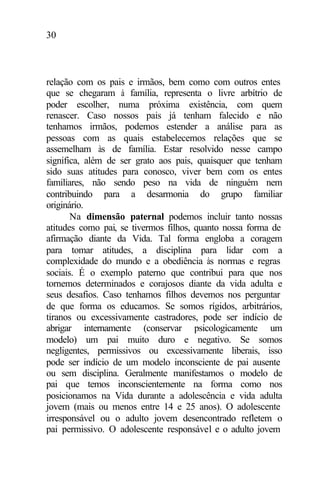 30
relação com os pais e irmãos, bem como com outros entes
que se chegaram à família, representa o livre arbítrio de
poder escolher, numa próxima existência, com quem
renascer. Caso nossos pais já tenham falecido e não
tenhamos irmãos, podemos estender a análise para as
pessoas com as quais estabelecemos relações que se
assemelham às de família. Estar resolvido nesse campo
significa, além de ser grato aos pais, quaisquer que tenham
sido suas atitudes para conosco, viver bem com os entes
familiares, não sendo peso na vida de ninguém nem
contribuindo para a desarmonia do grupo familiar
originário.
Na dimensão paternal podemos incluir tanto nossas
atitudes como pai, se tivermos filhos, quanto nossa forma de
afirmação diante da Vida. Tal forma engloba a coragem
para tomar atitudes, a disciplina para lidar com a
complexidade do mundo e a obediência às normas e regras
sociais. É o exemplo paterno que contribui para que nos
tornemos determinados e corajosos diante da vida adulta e
seus desafios. Caso tenhamos filhos devemos nos perguntar
de que forma os educamos. Se somos rígidos, arbitrários,
tiranos ou excessivamente castradores, pode ser indício de
abrigar internamente (conservar psicologicamente um
modelo) um pai muito duro e negativo. Se somos
negligentes, permissivos ou excessivamente liberais, isso
pode ser indício de um modelo inconsciente de pai ausente
ou sem disciplina. Geralmente manifestamos o modelo de
pai que temos inconscientemente na forma como nos
posicionamos na Vida durante a adolescência e vida adulta
jovem (mais ou menos entre 14 e 25 anos). O adolescente
irresponsável ou o adulto jovem desencontrado refletem o
pai permissivo. O adolescente responsável e o adulto jovem
 