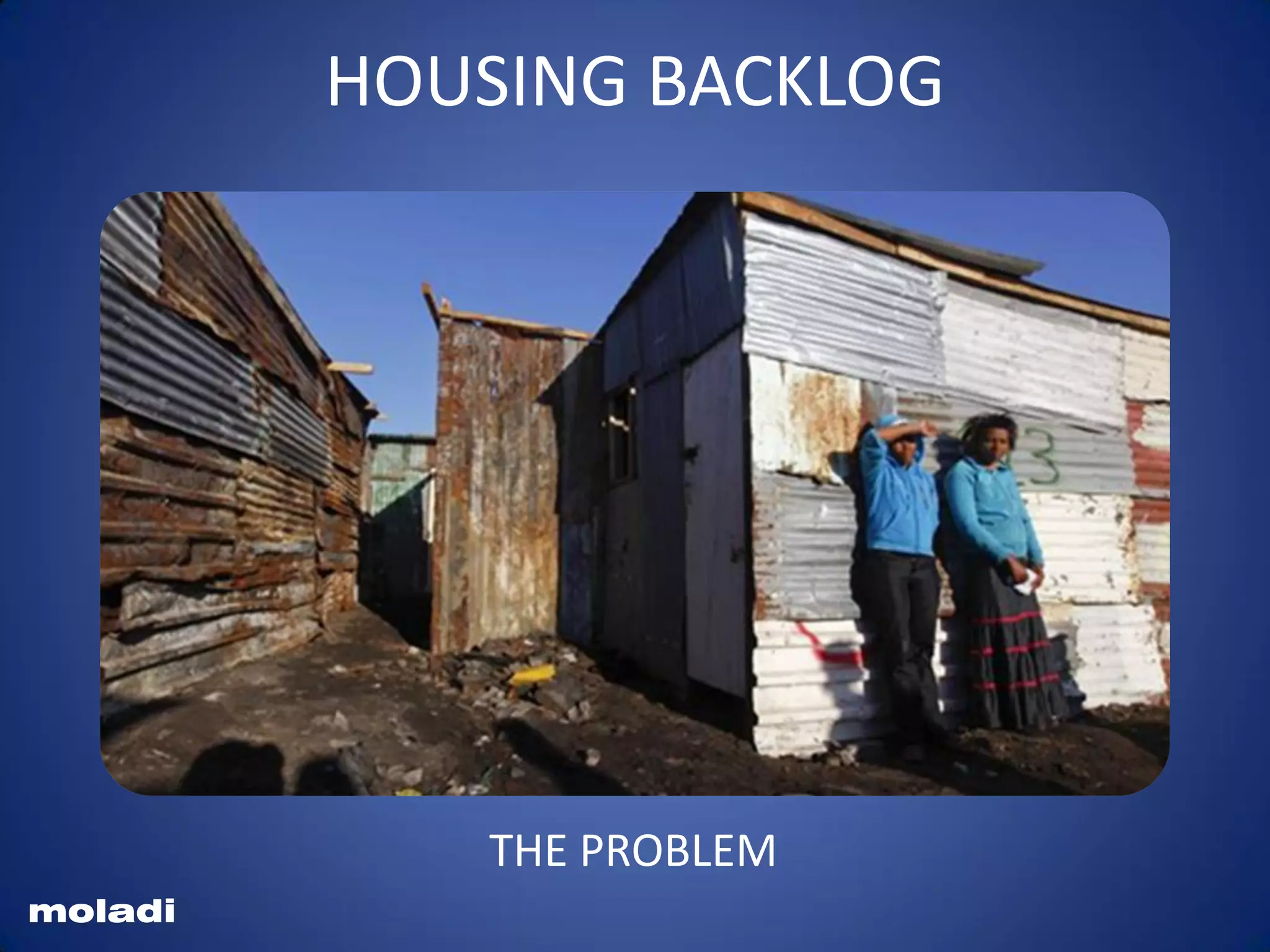 squatters
Shacks
HOUSING BACKLOG
moladi
THE PROBLEM
 