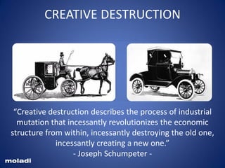 CREATIVE DESTRUCTION
“Creative destruction describes the process of industrial
mutation that incessantly revolutionizes the economic
structure from within, incessantly destroying the old one,
incessantly creating a new one.”
- Joseph Schumpeter -
moladi
 