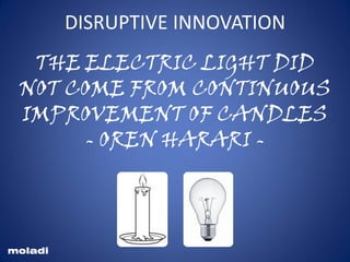 THE ELECTRIC LIGHT DID
NOT COME FROM CONTINUOUS
IMPROVEMENT OF CANDLES
- OREN HARARI -
moladi
DISRUPTIVE INNOVATION
 