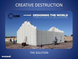 New construction technology
Creative destruction
moladi
Moladi plastic formwork Construction System Invented by Hennie Botes
CREATIVE DESTRUCTION
moladi
THE SOLUTION
 
