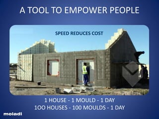 moladi
1 HOUSE - 1 MOULD - 1 DAY
1OO HOUSES - 100 MOULDS - 1 DAY
A TOOL TO EMPOWER PEOPLE
SPEED REDUCES COST
 