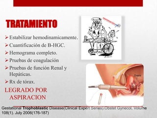 TRATAMIENTO
  Estabilizar hemodinamicamente.
  Cuantificación de B-HGC.
  Hemograma completo.
  Pruebas de coagulación
  Pruebas de función Renal y
   Hepáticas.
  Rx de tórax.
 LEGRADO POR
  ASPIRACION
Gestational Trophoblastic Disease(Clinical Expert Series).Obstet Gynecol, Volume
108(1). July 2006(176-187)
 