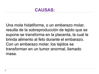 Una mola hidatiforme, o un embarazo molar,
resulta de la sobreproducción de tejido que se
supone se transforma en la placenta, la cual le
brinda alimento al feto durante el embarazo.
Con un embarazo molar, los tejidos se
transforman en un tumor anormal, llamado
masa.
CAUSAS:
 