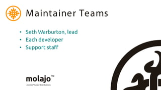 Maintainer Teams
• Seth Warburton, lead
• Each developer
• Support staff
 