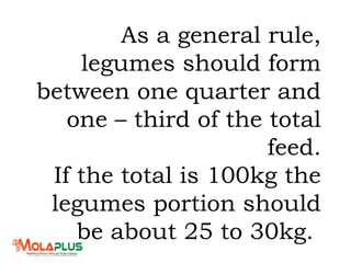 As a general rule,
legumes should form
between one quarter and
one – third of the total
feed.
If the total is 100kg the
legumes portion should
be about 25 to 30kg.
 