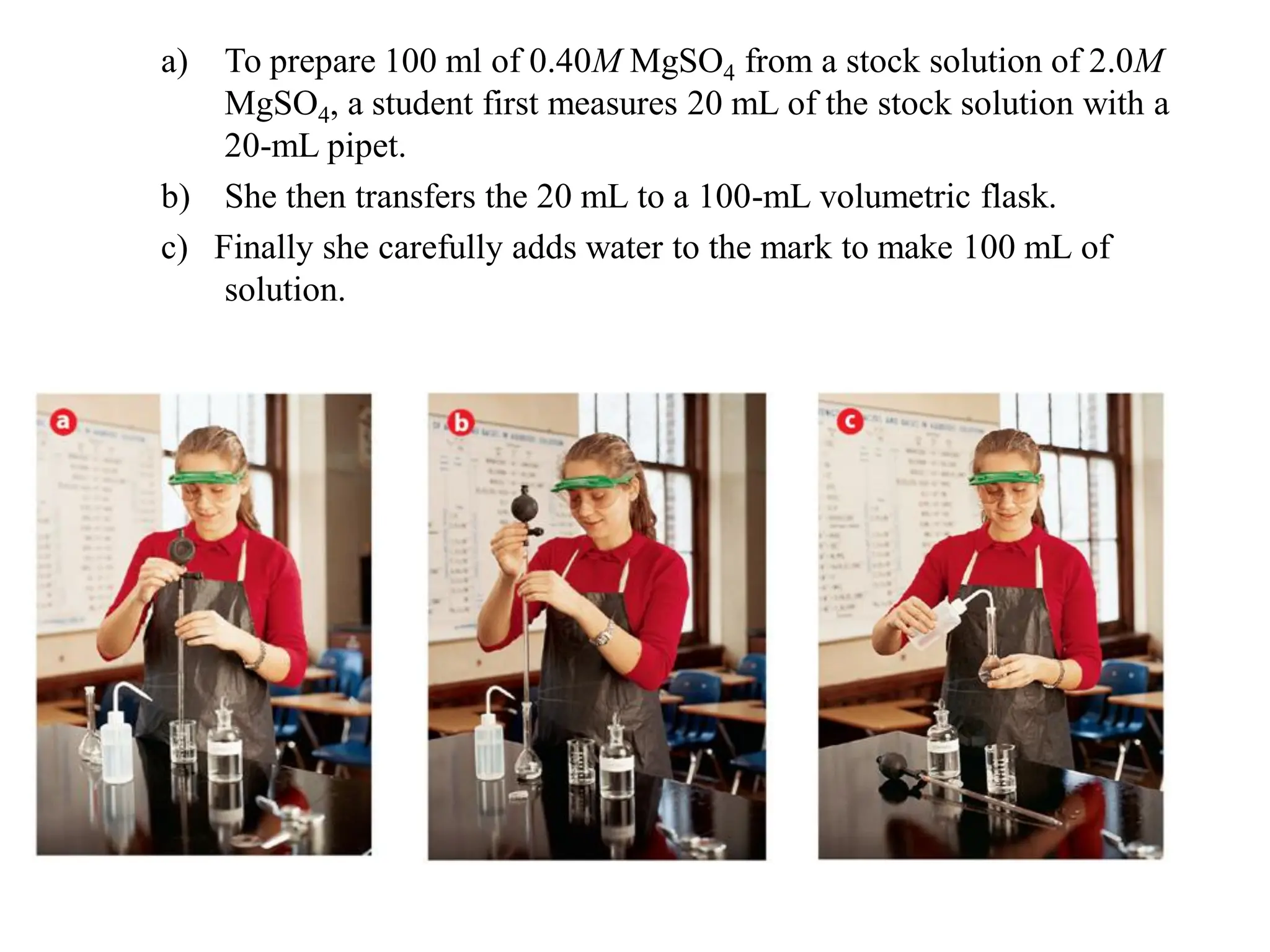 a) To prepare 100 ml of 0.40M MgSO4 from a stock solution of 2.0M
MgSO4, a student first measures 20 mL of the stock solution with a
20-mL pipet.
b) She then transfers the 20 mL to a 100-mL volumetric flask.
c) Finally she carefully adds water to the mark to make 100 mL of
solution.
 