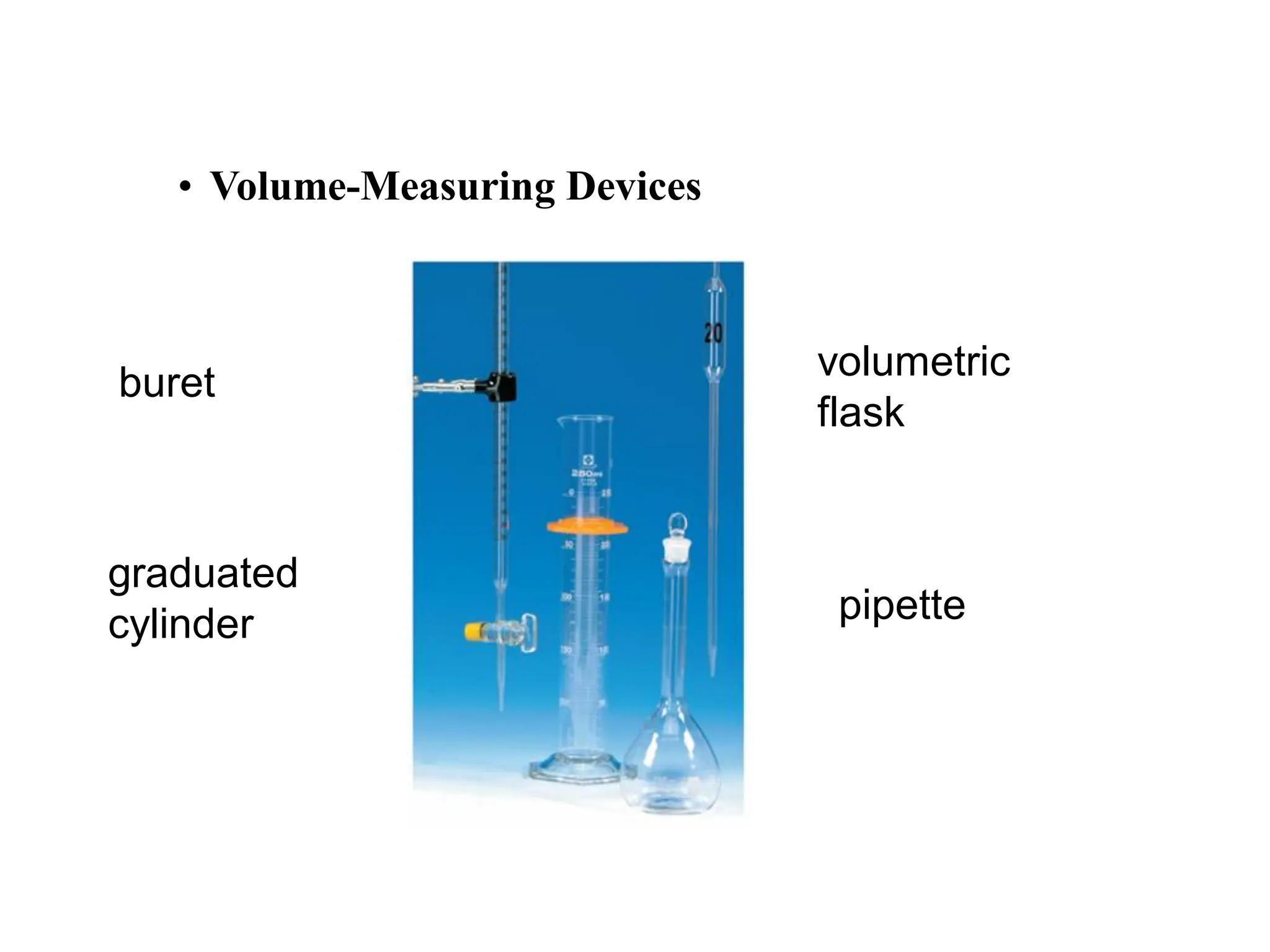 • Volume-Measuring Devices
buret
graduated
cylinder
volumetric
flask
pipette
 
