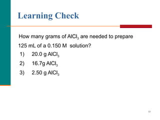 How many grams of AlCl 3  are needed to prepare 125 mL of a 0.150 M  solution? 1)  20.0 g AlCl 3   2)  16.7g AlCl 3 3)  2.50 g AlCl 3   Learning Check 