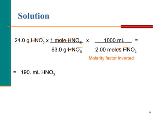 24.0 g HNO 3  x  1 mole HNO 3   x  1000 mL  =    63.0 g HNO 3   2.00 moles HNO 3   Molarity factor inverted =  190. mL HNO 3 Solution 