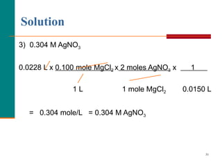 Solution 3)  0.304 M AgNO 3 0.0228 L x  0.100 mole MgCl 2   x  2 moles AgNO 3  x  1    1 L  1 mole MgCl 2   0.0150 L  =  0.304 mole/L  = 0.304 M AgNO 3 
